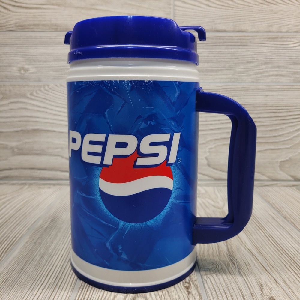 Pepsi Insulated Travel Mug 32oz‎ Blue Whirley Plastic Soda Pop Cup Handle Vtg